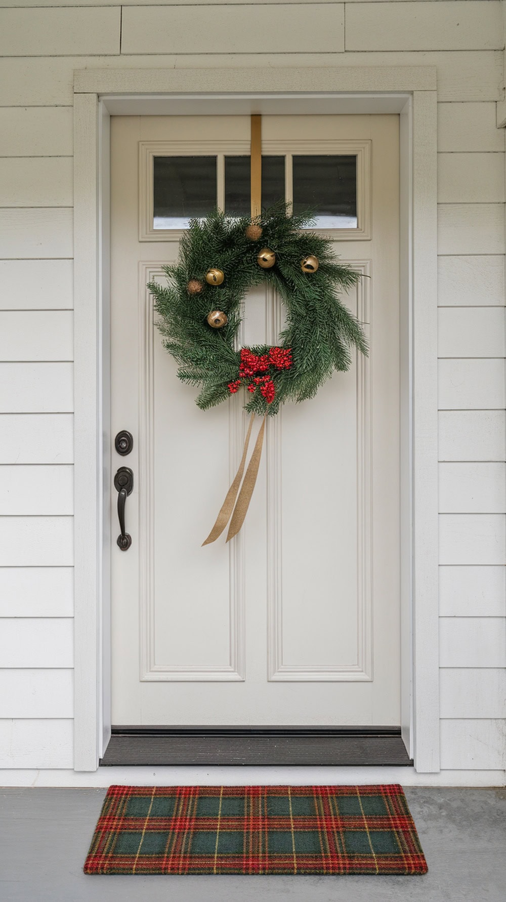 A simple pine wreath with gold and red decorations hanging on a front door, accompanied by a wooden welcome sign and a plaid doormat.