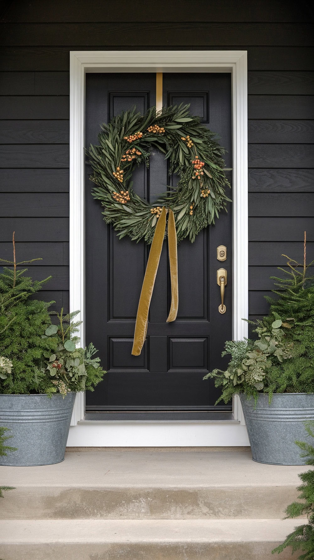 A black front door adorned with an oversized olive wreath and golden ribbon, flanked by greenery in galvanized planters.