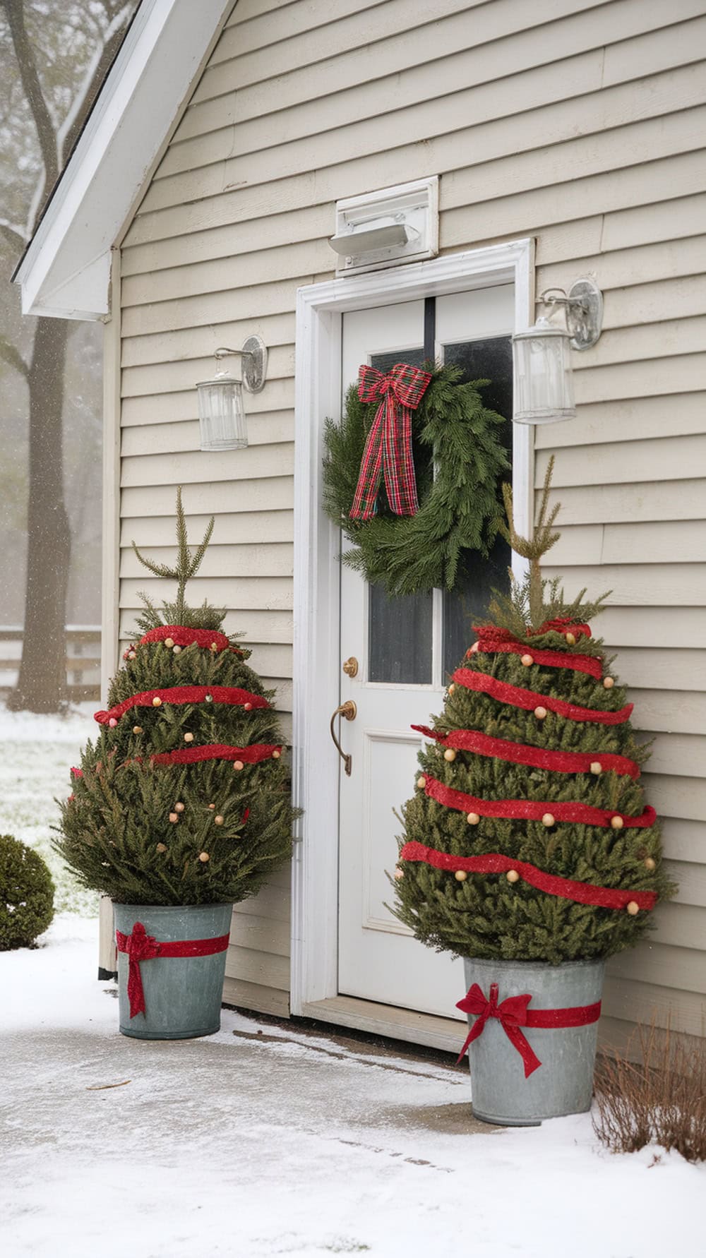Two symmetrical porch trees decorated with red ribbons and wooden ornaments, placed beside a front door with a wreath.
