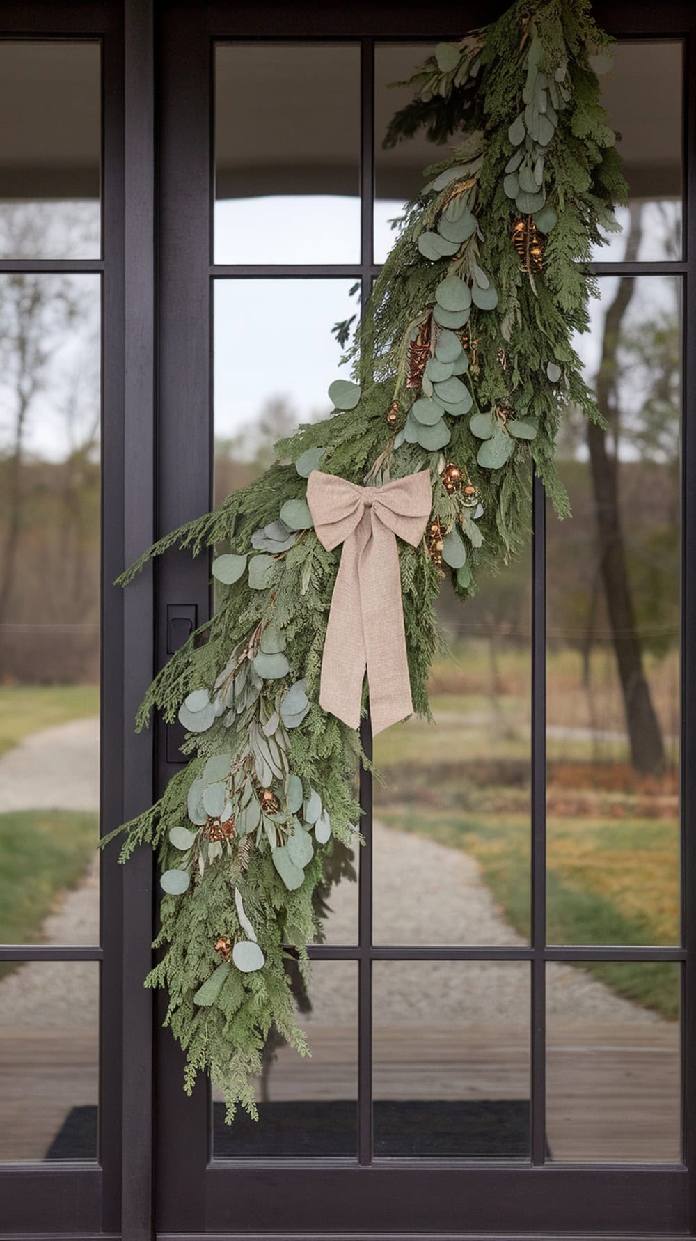 Asymmetrical eucalyptus garland with burlap bow and gold accents hanging on a front door