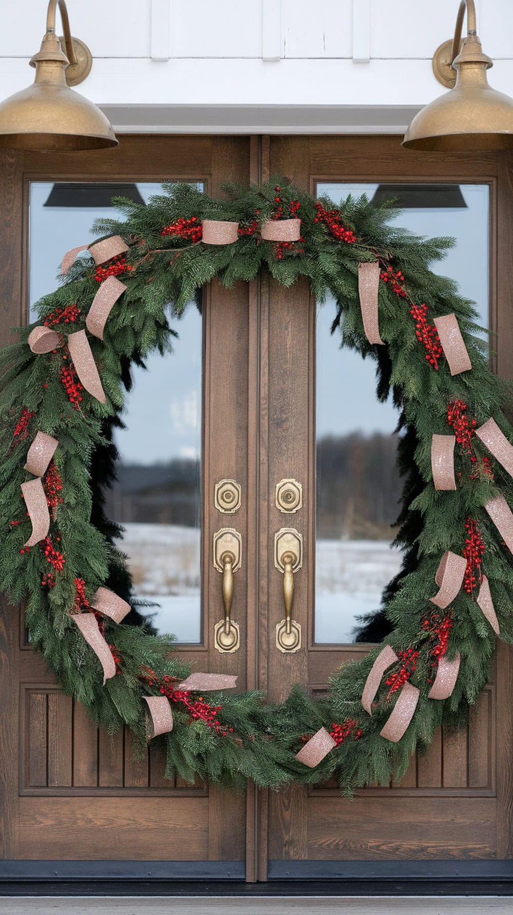 Double door decorated with a red garland wrap featuring berries and ribbons
