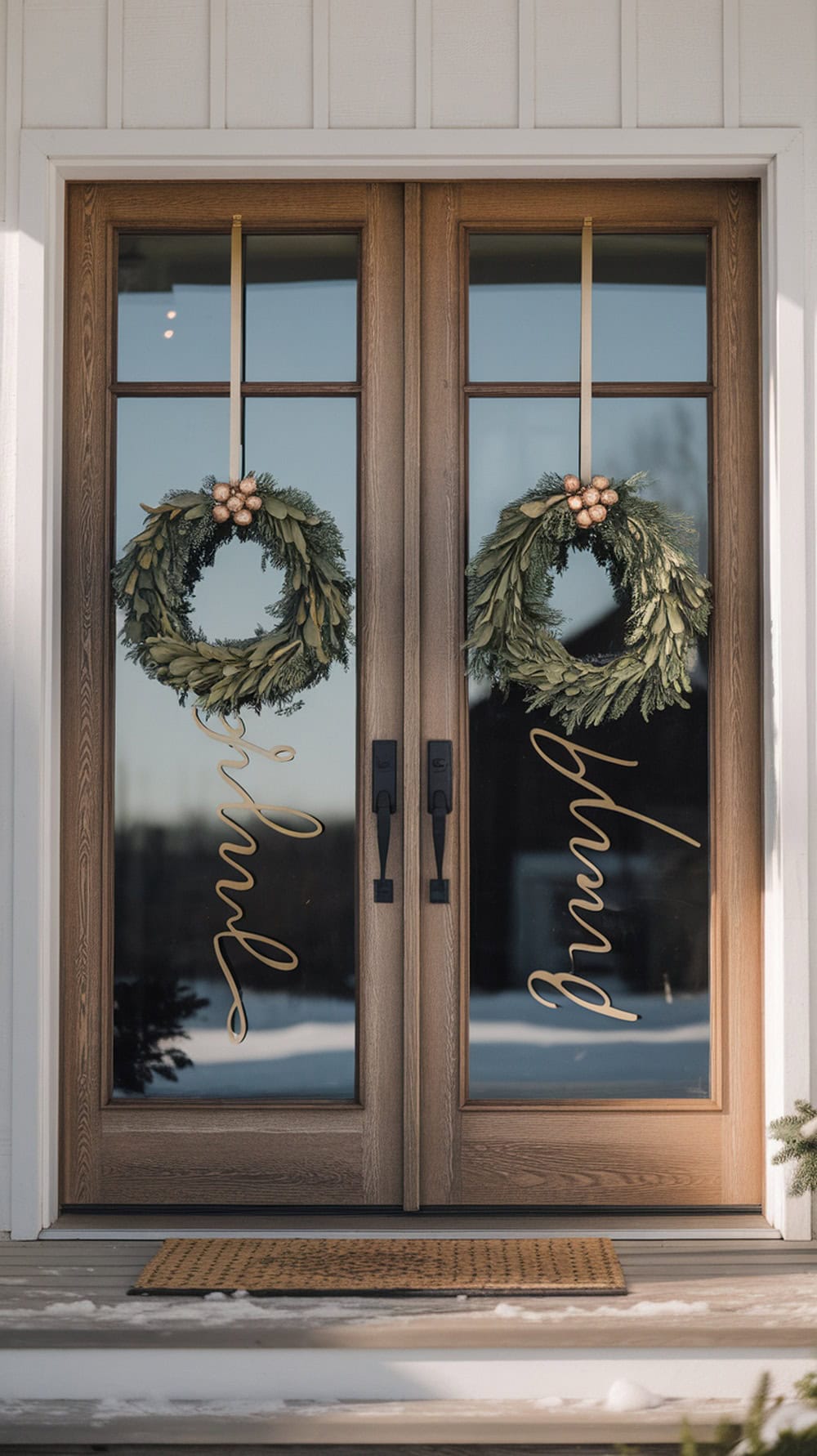 A rustic front door with twin wreaths in green and gold decorations.