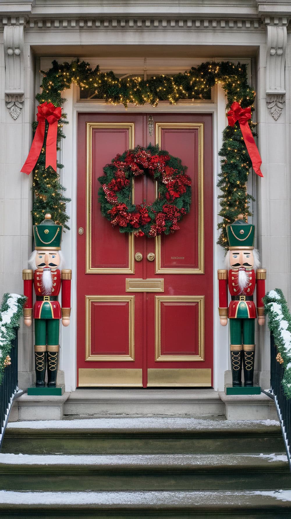A traditional Christmas front door decorated with nutcracker guards, a red wreath, and festive garland.