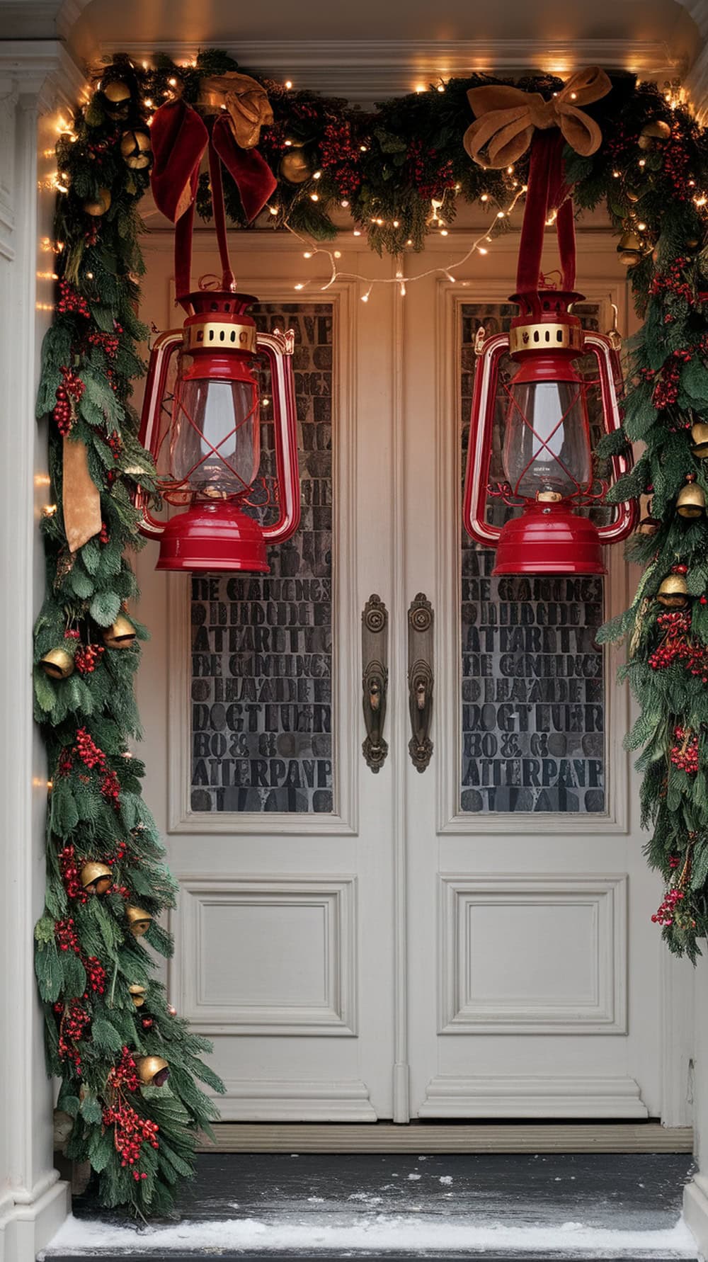 A front door decorated with red lanterns and a garland featuring gold accents.