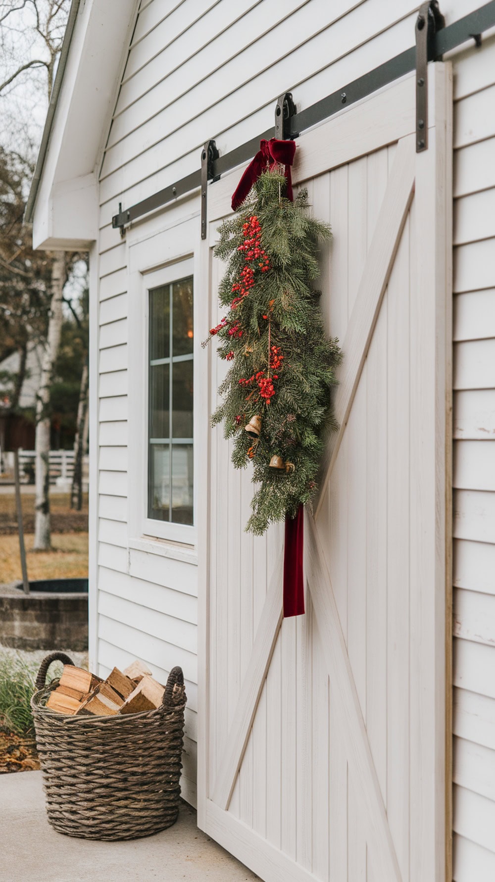 A farmhouse barn door decorated with holiday swag, featuring greenery, red berries, and a red velvet ribbon, with a basket of firewood beside it.