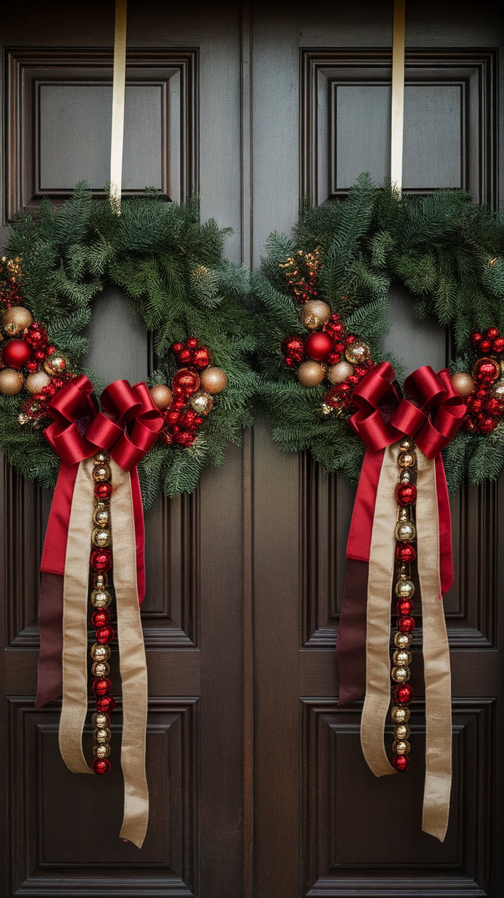 Double wreaths with red and gold decorations on a front door