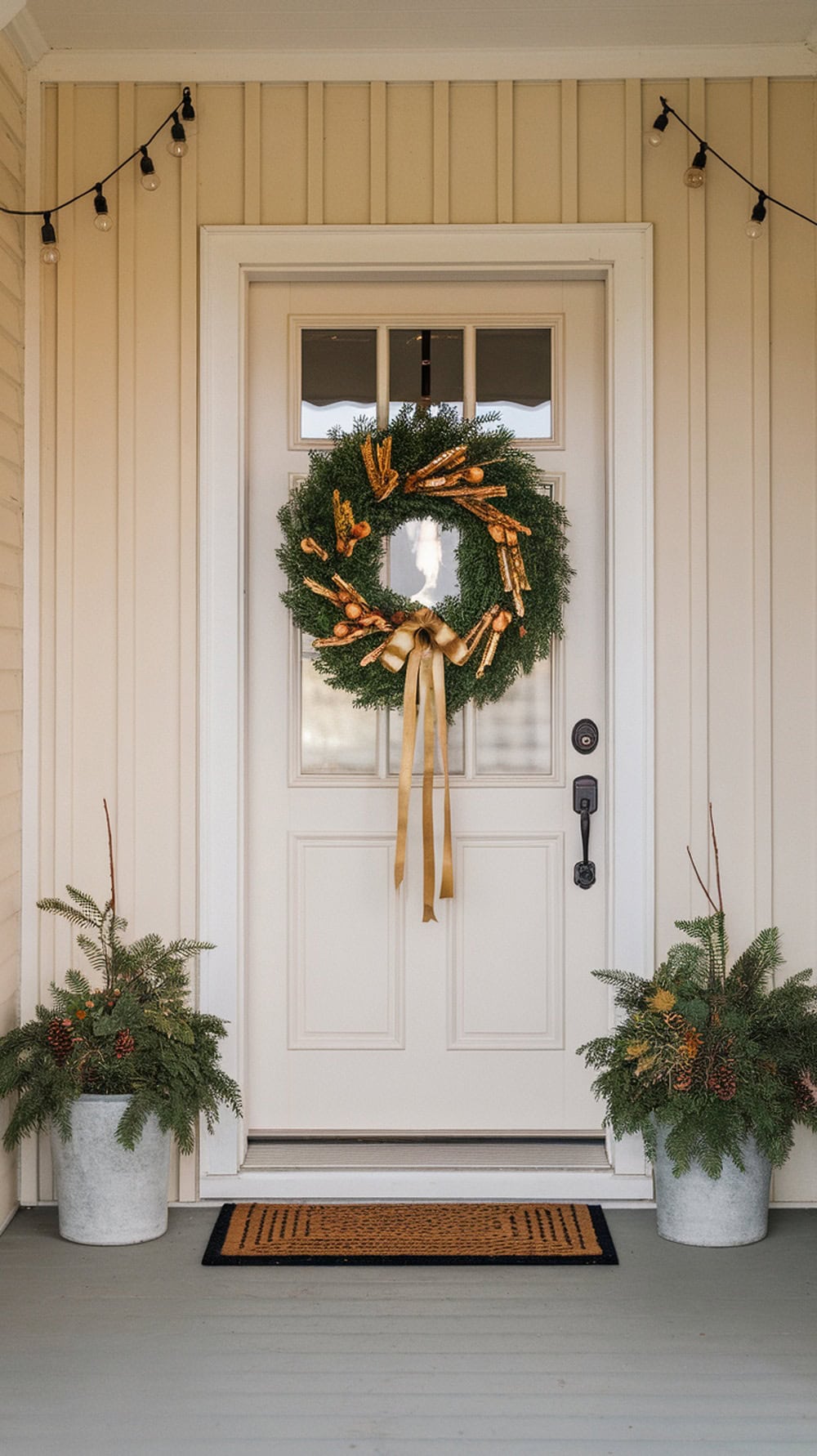 A front door decorated with a boxwood wreath featuring gold accents, flanked by potted plants.
