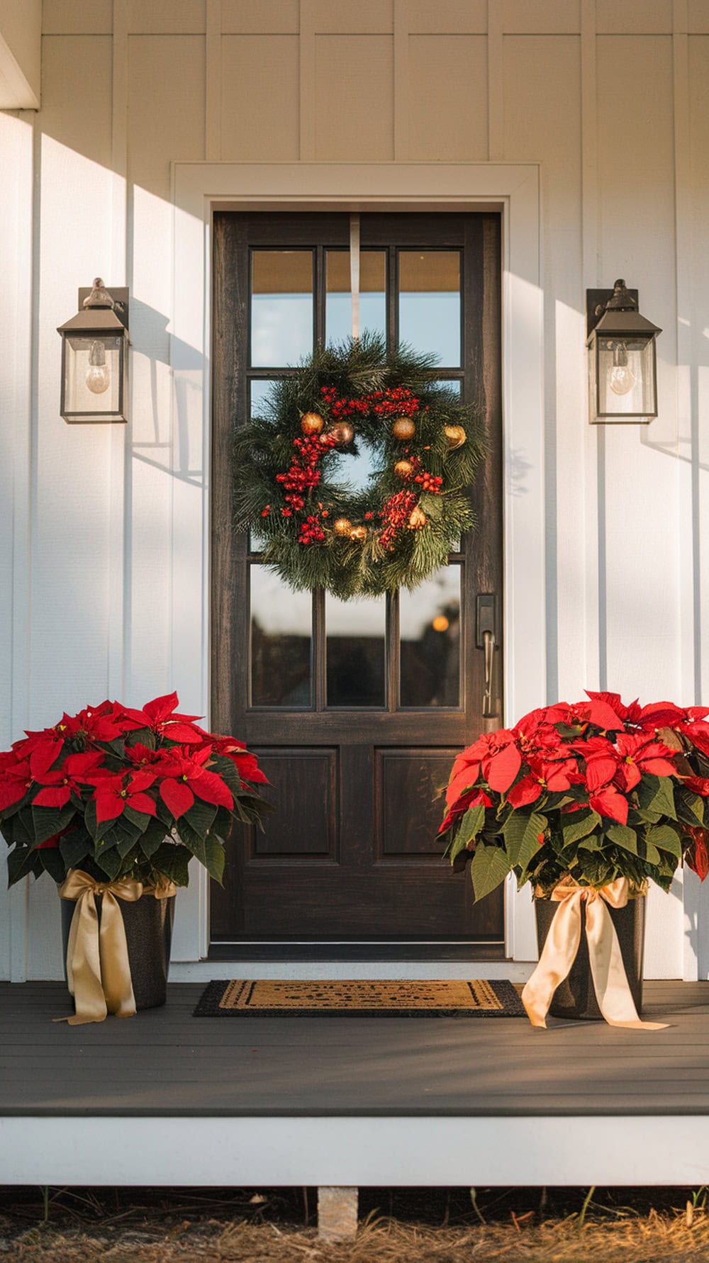 Front door decorated with red poinsettia planters and a gold-accented wreath