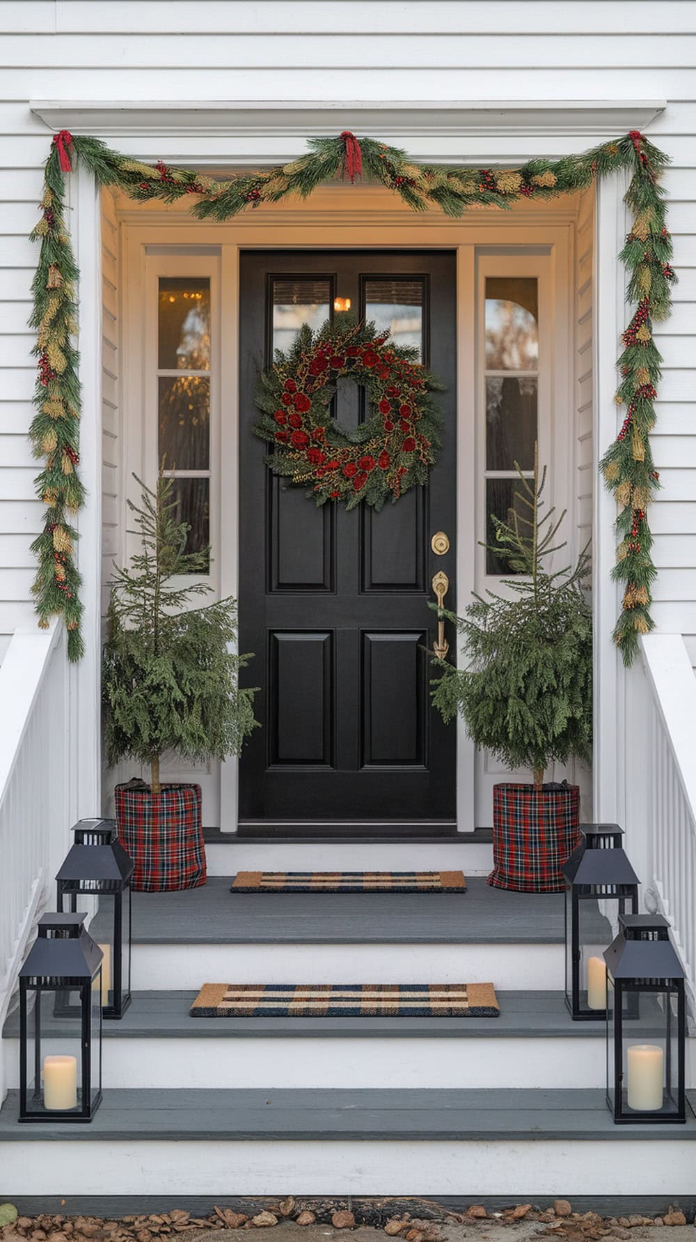 A beautifully decorated front porch for Christmas featuring a black door, garlands, a wreath, evergreen trees, and lanterns.