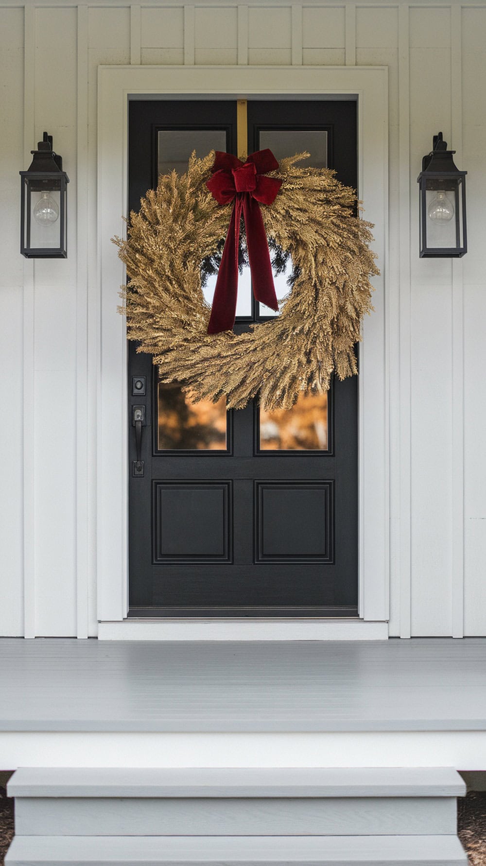 A matte gold wreath with a red ribbon on a black front door, creating a festive holiday look.