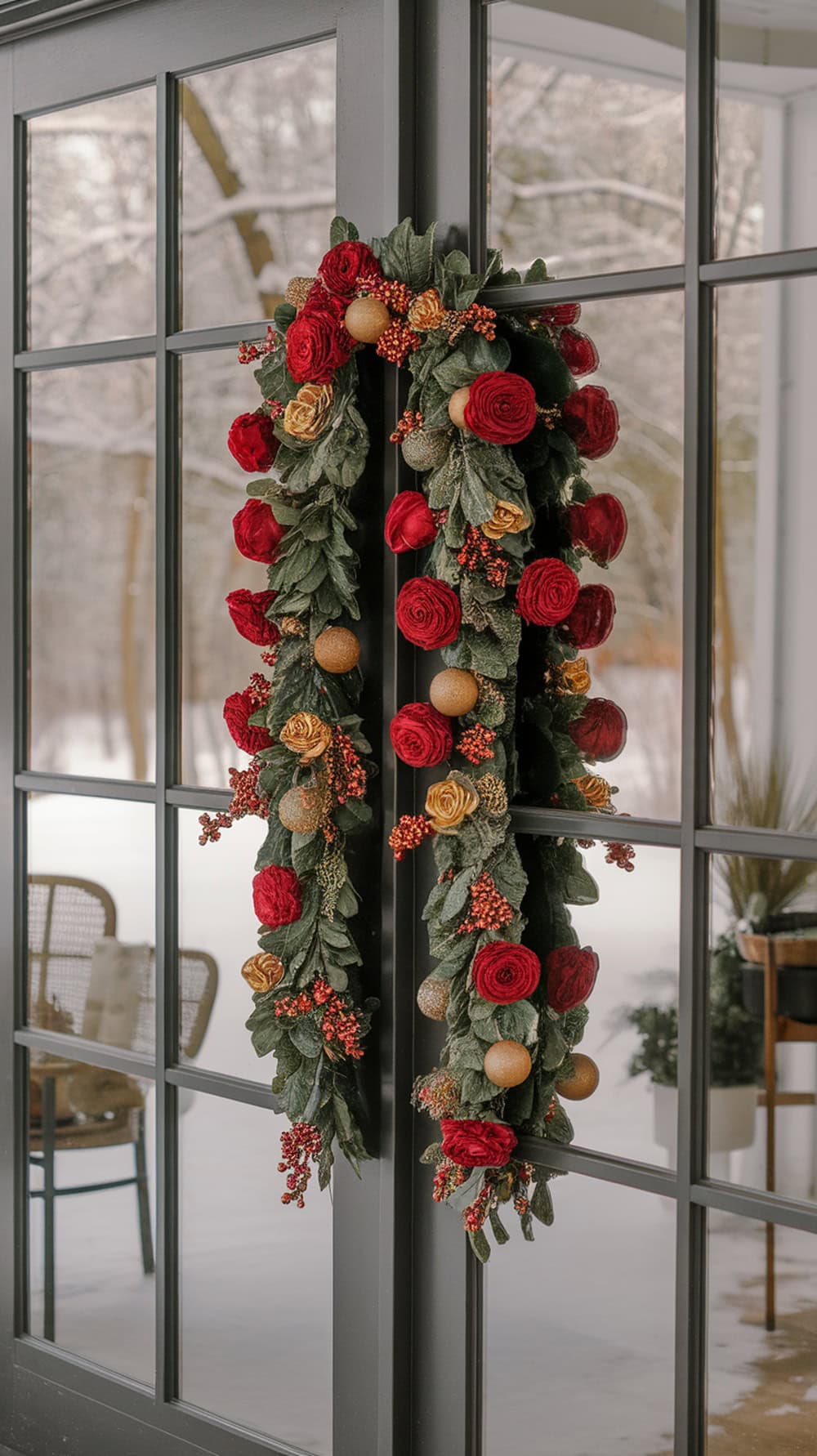 A mirror door decorated with a garland of red flowers and golden ornaments.