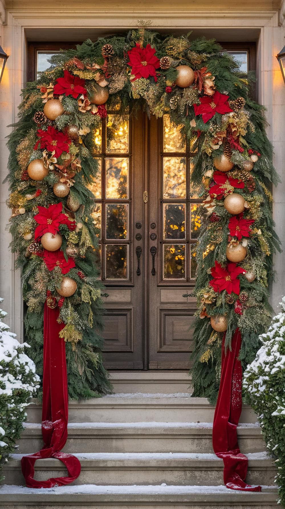 A beautiful Christmas archway decorated with red flowers and gold ornaments.