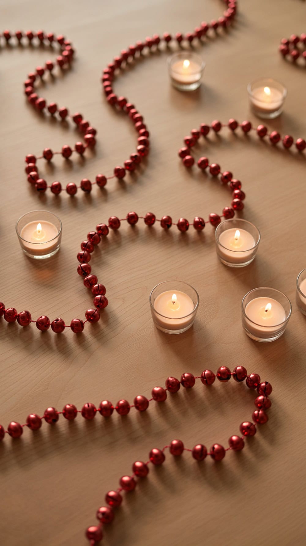 A table decorated with a red bell garland and small glass candles.