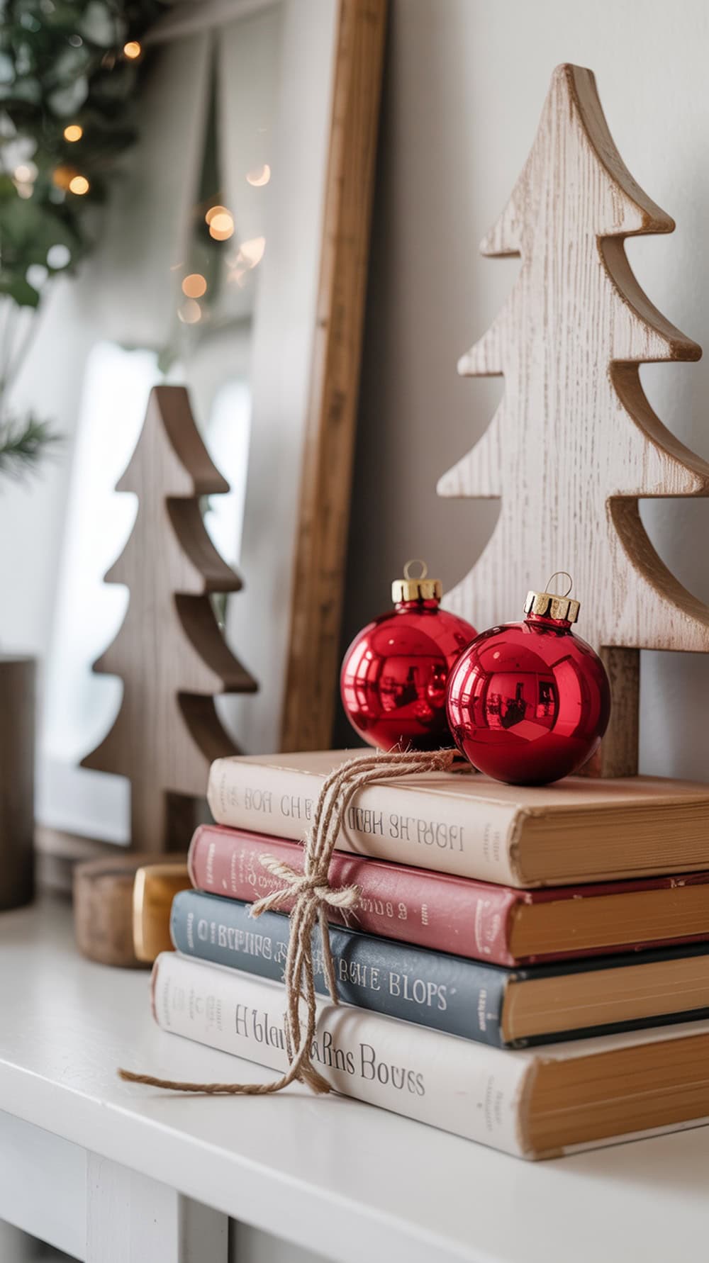 A stack of books tied with twine, topped with red Christmas ornaments, alongside wooden Christmas trees and greenery.