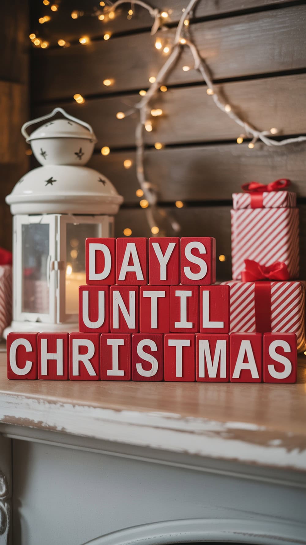 Red and white Christmas countdown blocks displaying 'DAYS UNTIL CHRISTMAS' with festive decorations.