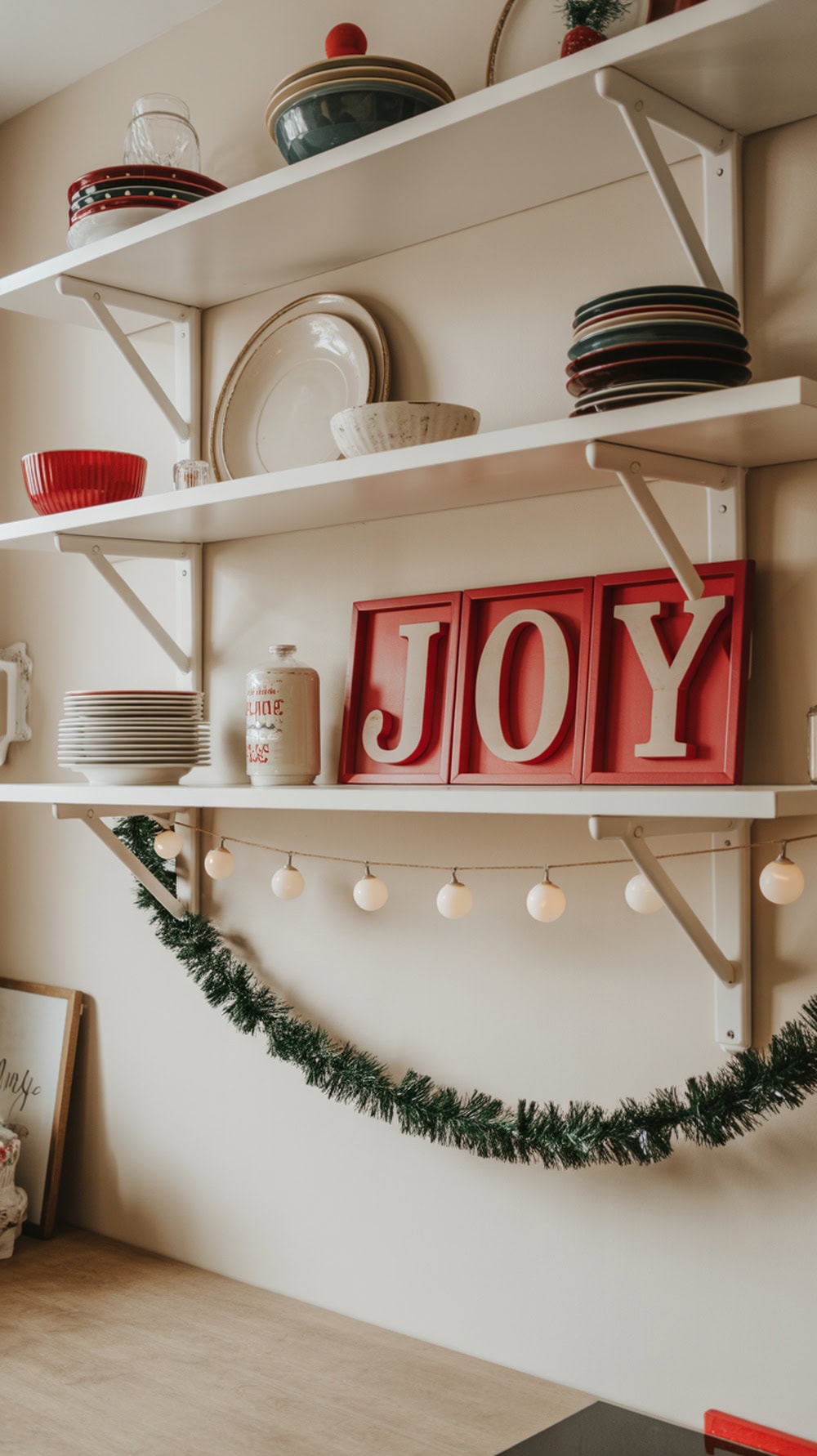 White kitchen shelves decorated with red dishware and the word 'JOY' in red lettering, adorned with a green garland and string lights.