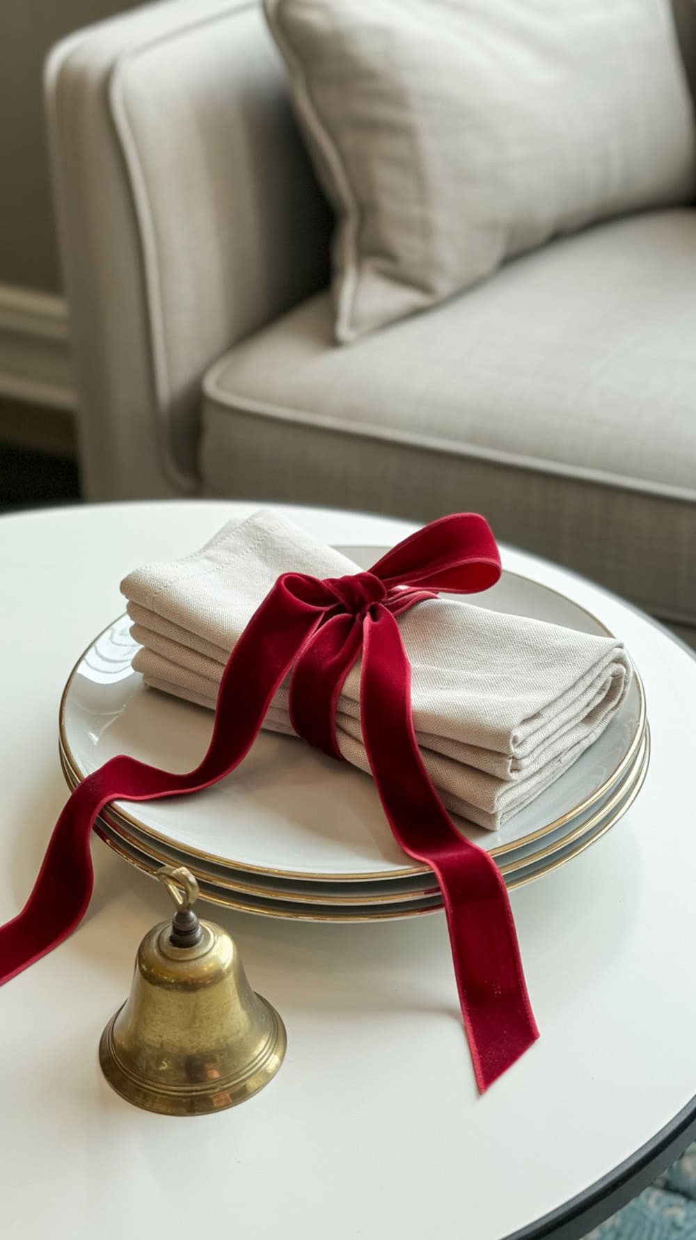 A stack of beige napkins tied with a red bow on a decorative plate, next to a small brass bell.