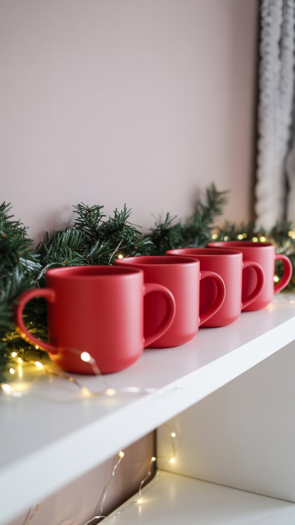 A white shelf decorated with red mugs and a pine garland, illuminated by soft lights.