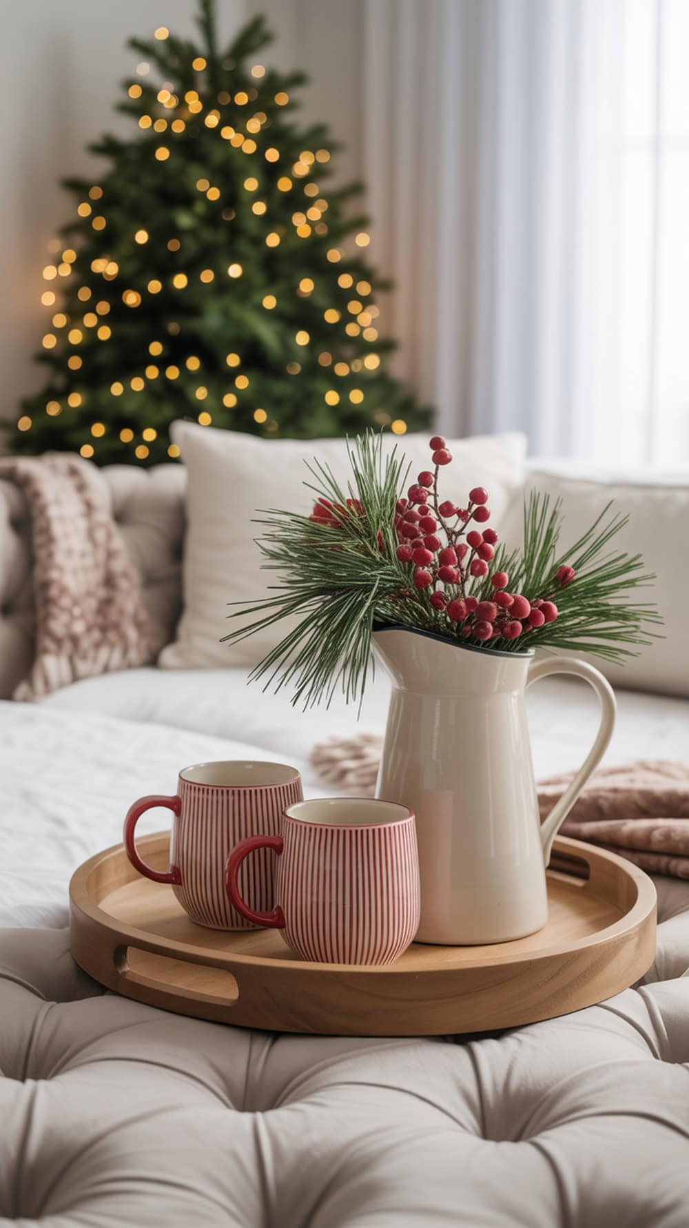 A cozy living room setup featuring a rustic wooden tray on an ottoman, holding striped mugs and a pitcher with festive greenery, with a Christmas tree in the background.