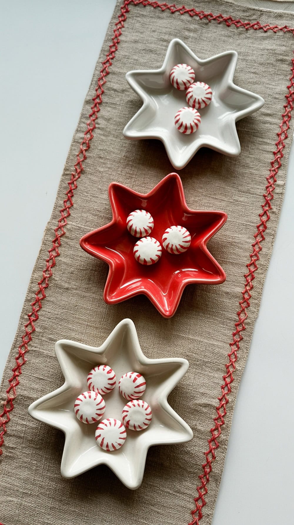 Three snowflake-shaped ceramic dishes in red and white filled with peppermint candies on a linen table runner.