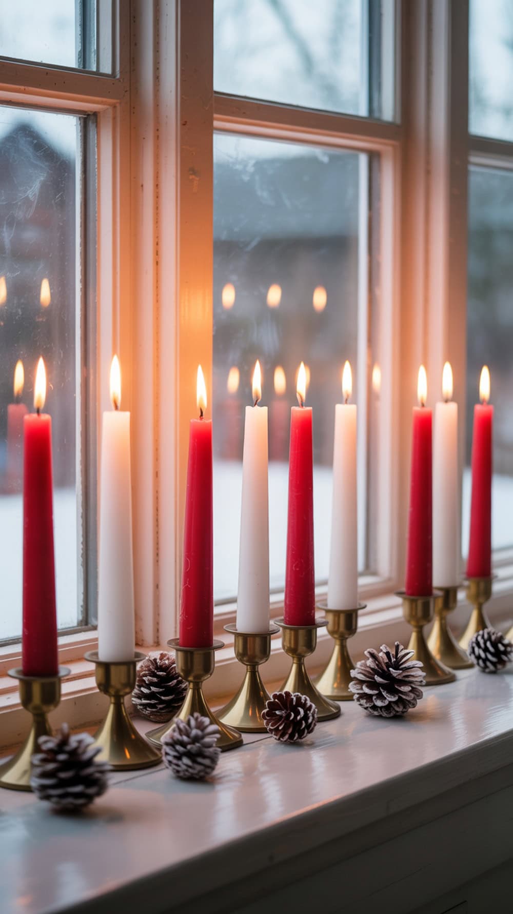 A row of red and white candles on a window sill with pinecones.