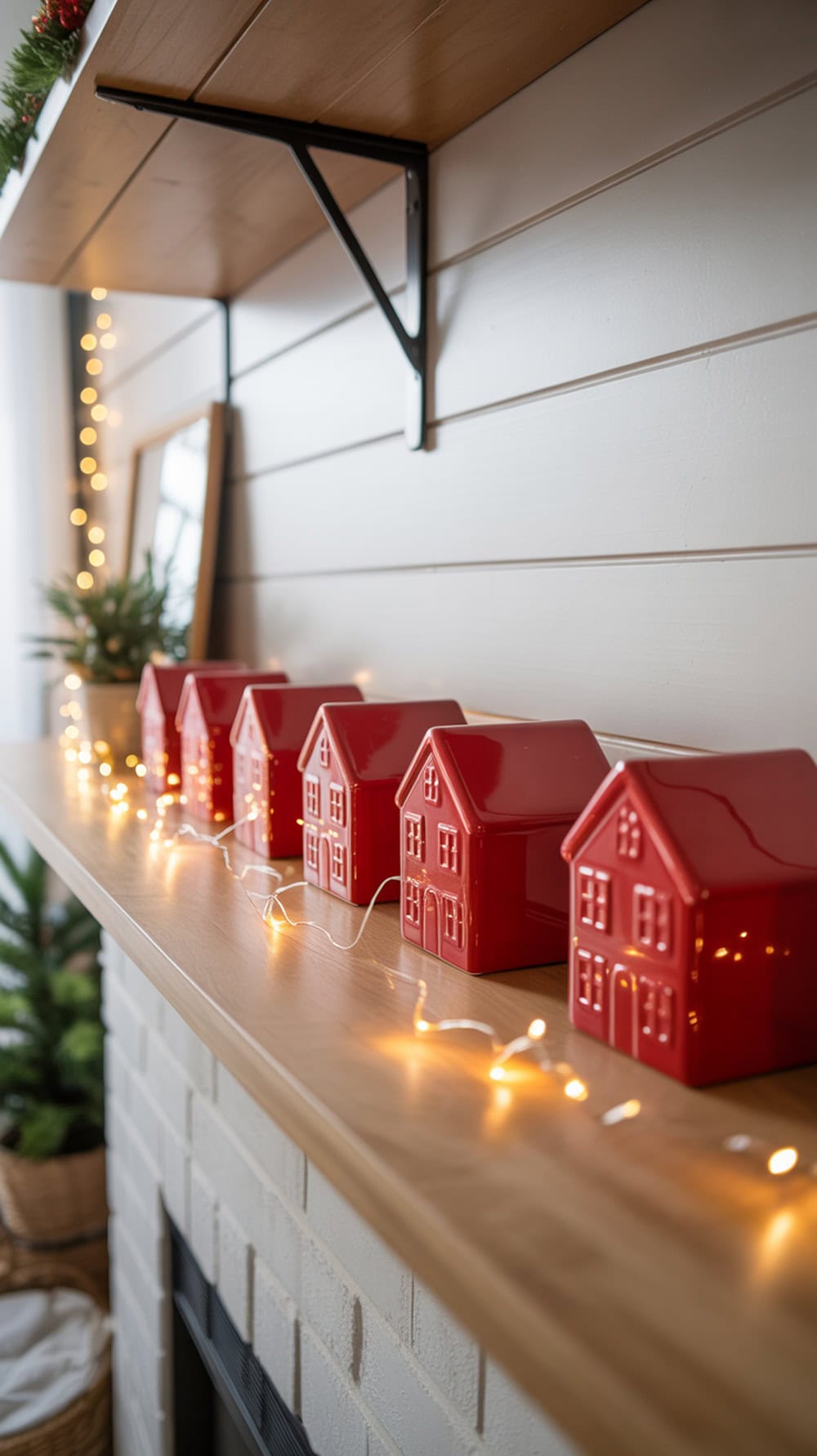 A display of red ceramic houses on a wooden shelf with fairy lights and greenery.