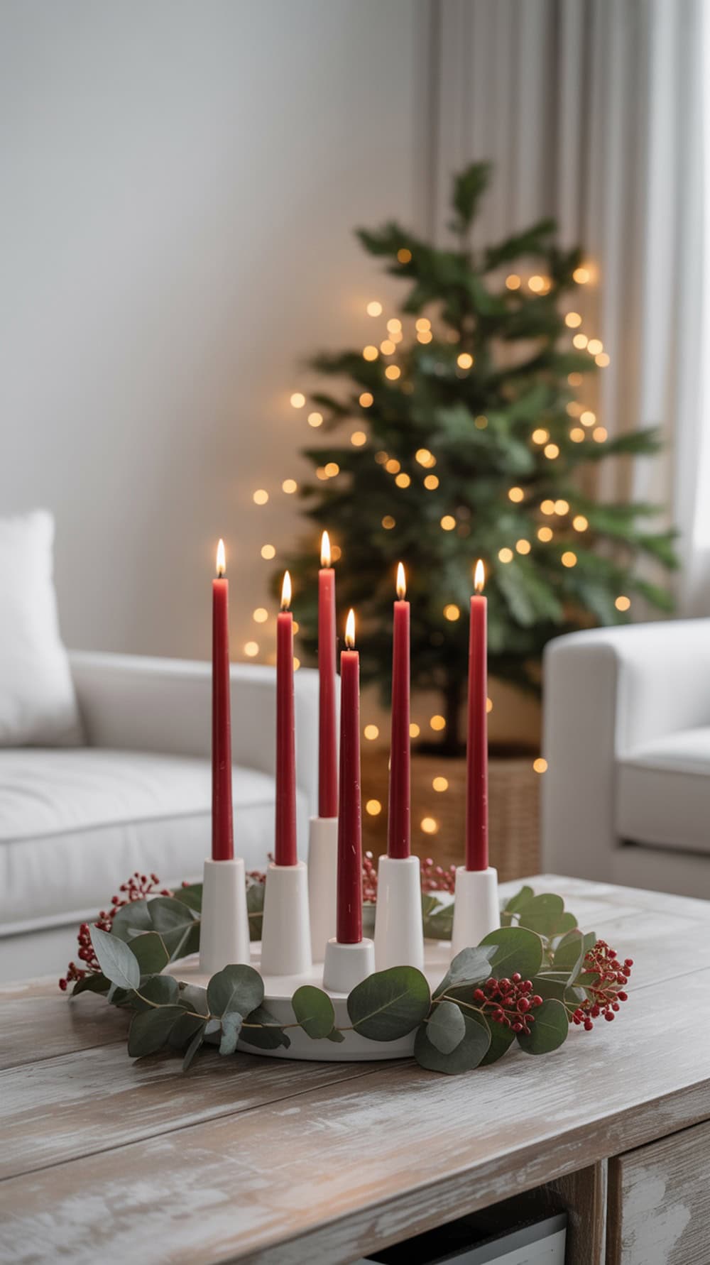 A cozy red candle centerpiece with tall red candles, white holders, and greenery, set on a rustic wooden table with a Christmas tree in the background.