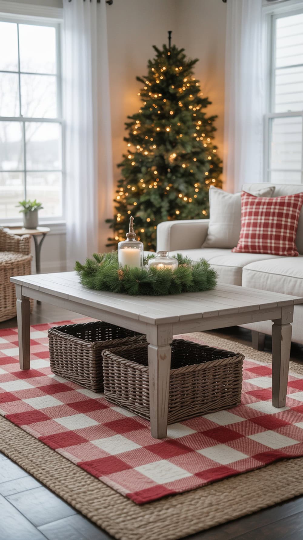 A cozy living room with a layered rug featuring red and white checkered patterns, a natural woven rug underneath, and festive decor.
