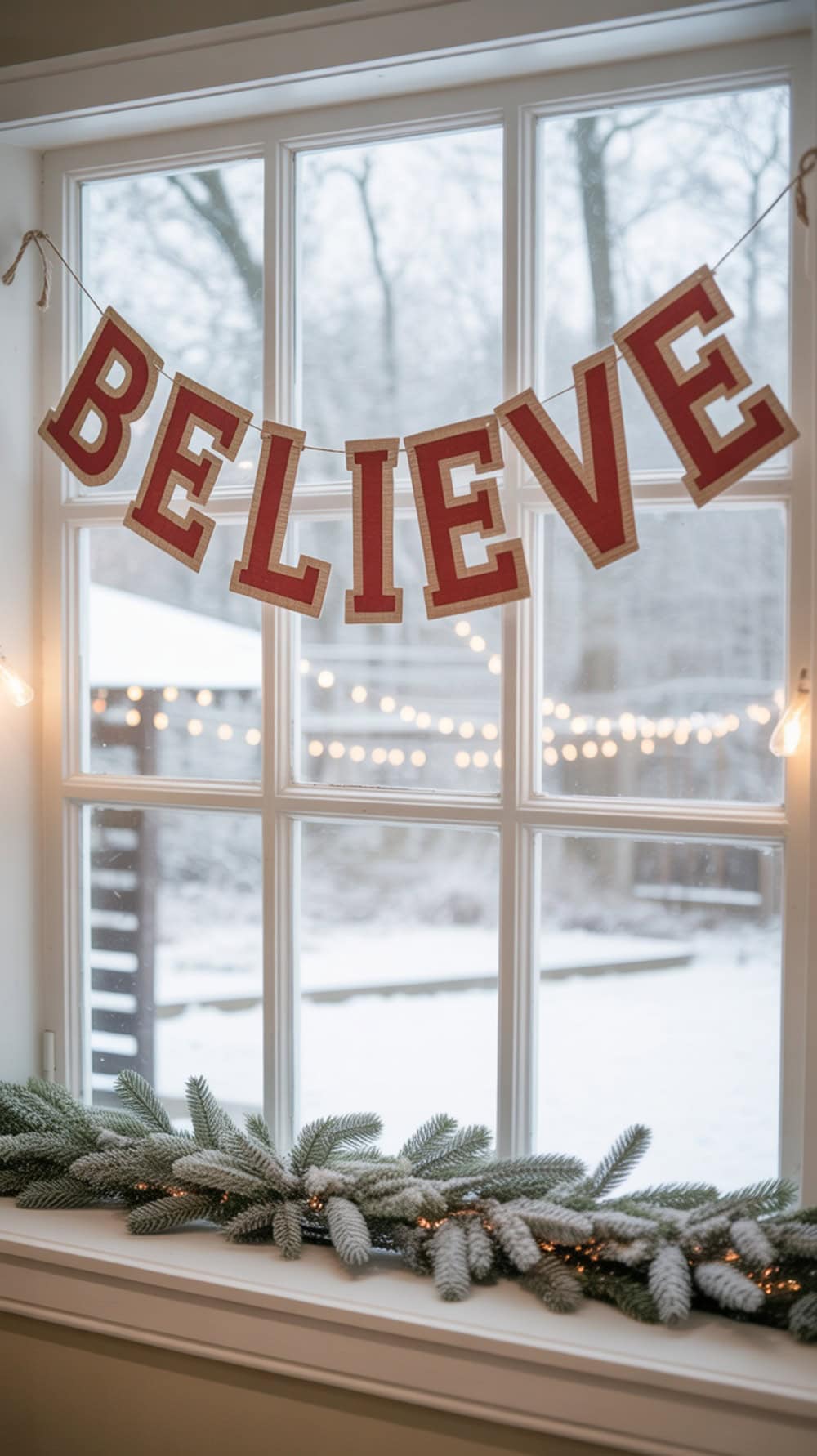 A window decorated with a 'Believe' banner in red letters, surrounded by greenery and lights, with a snowy background.