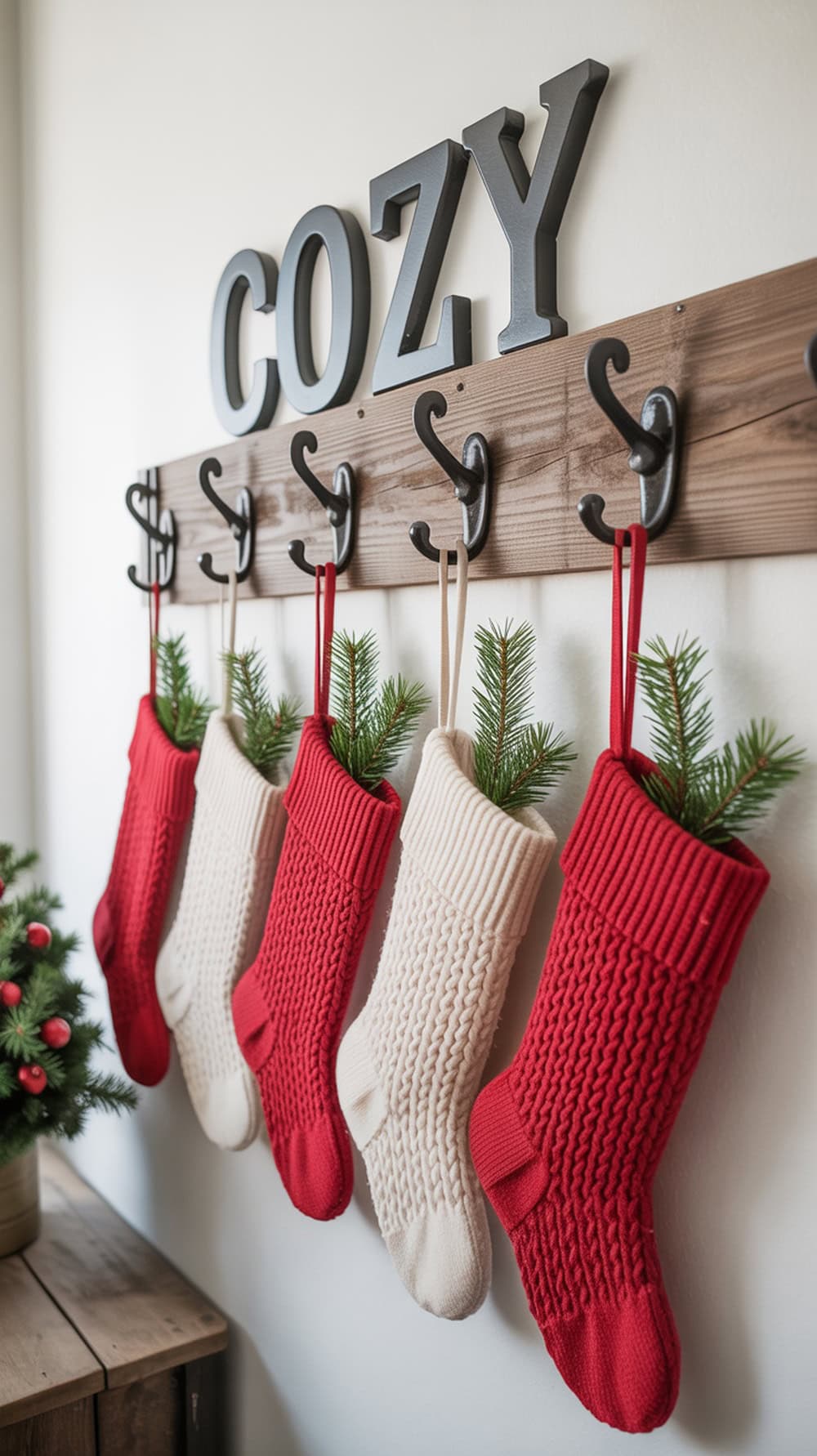 A cozy stocking wall with red and white stockings hanging from hooks, adorned with greenery and the word 'COZY' above.