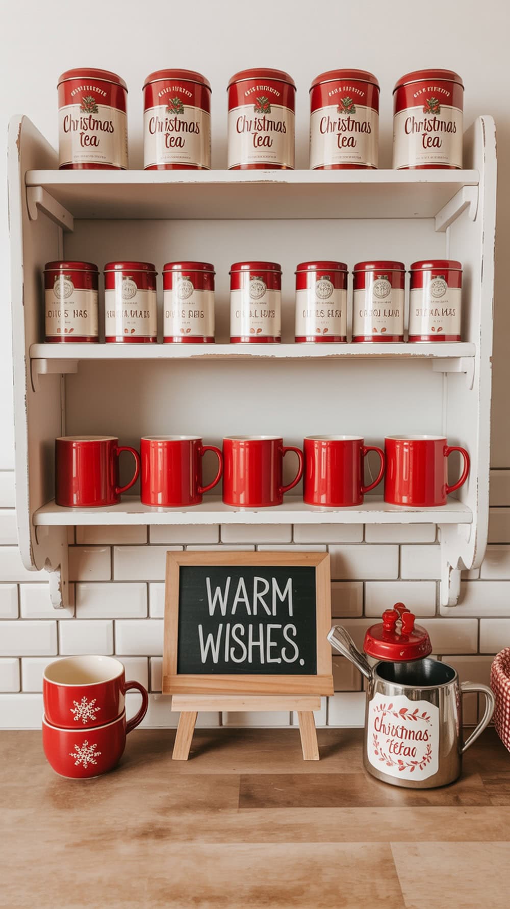 A festive Christmas tea shelf display featuring red and white tea canisters, mugs, and a 'Warm Wishes' sign.