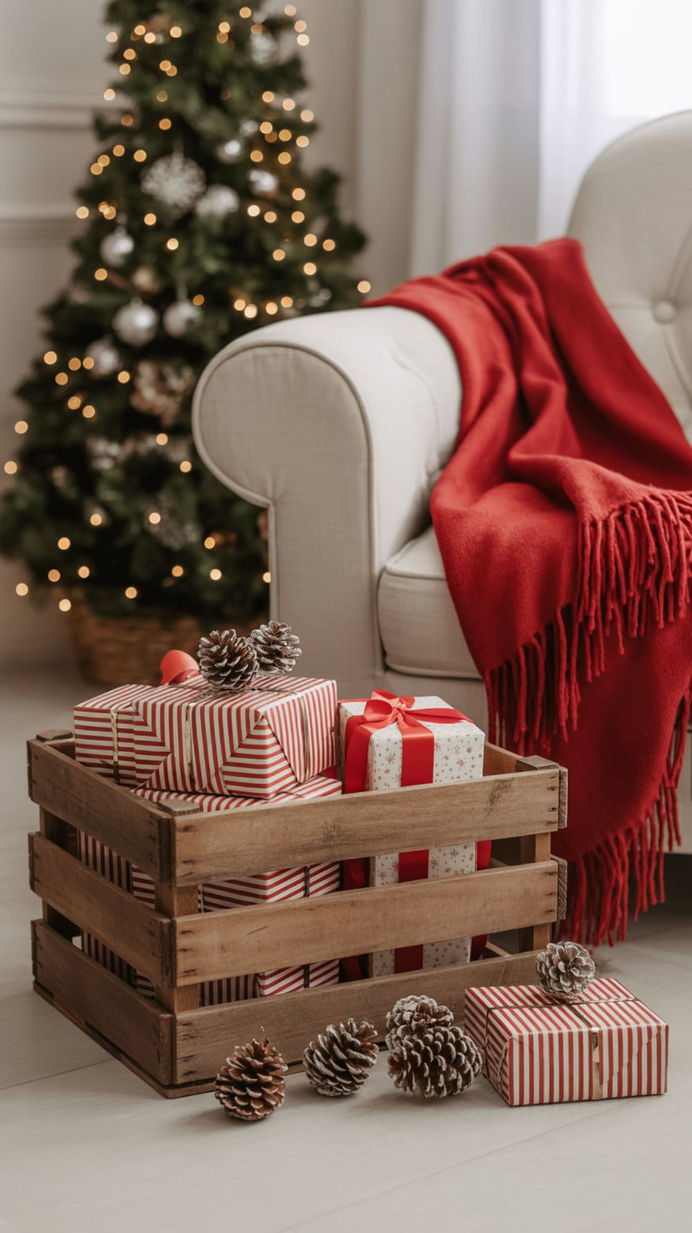 A rustic wooden crate filled with red and white wrapped Christmas gifts, pinecones scattered around, with a cozy couch and Christmas tree in the background.