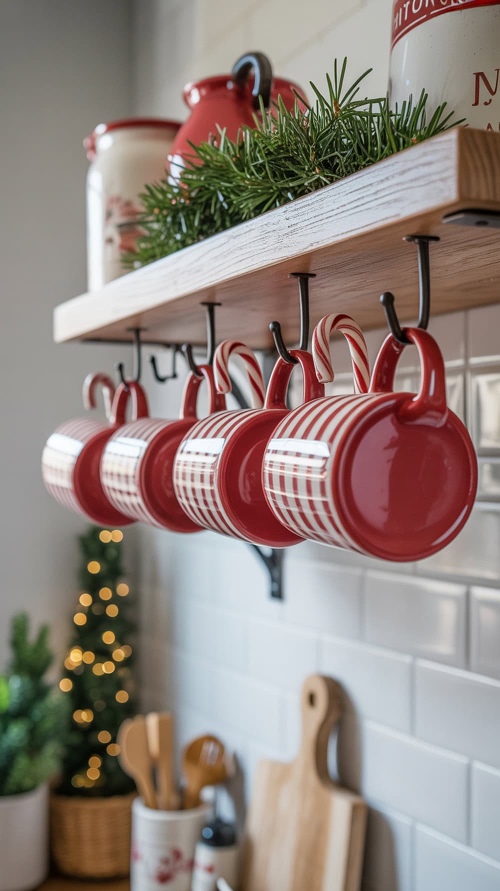 A wooden mug rack shelf displaying red and white striped mugs, decorated with greenery and a small Christmas tree in the background.