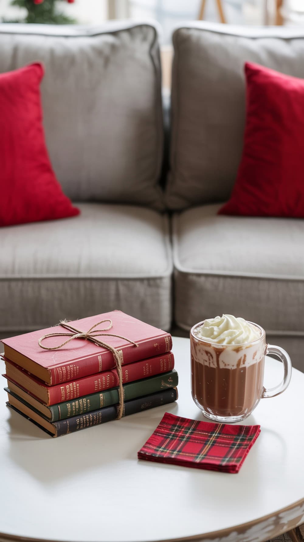 A cozy living room setup featuring a stack of red and green books tied with twine, a cup of hot cocoa with whipped cream, and a plaid napkin.