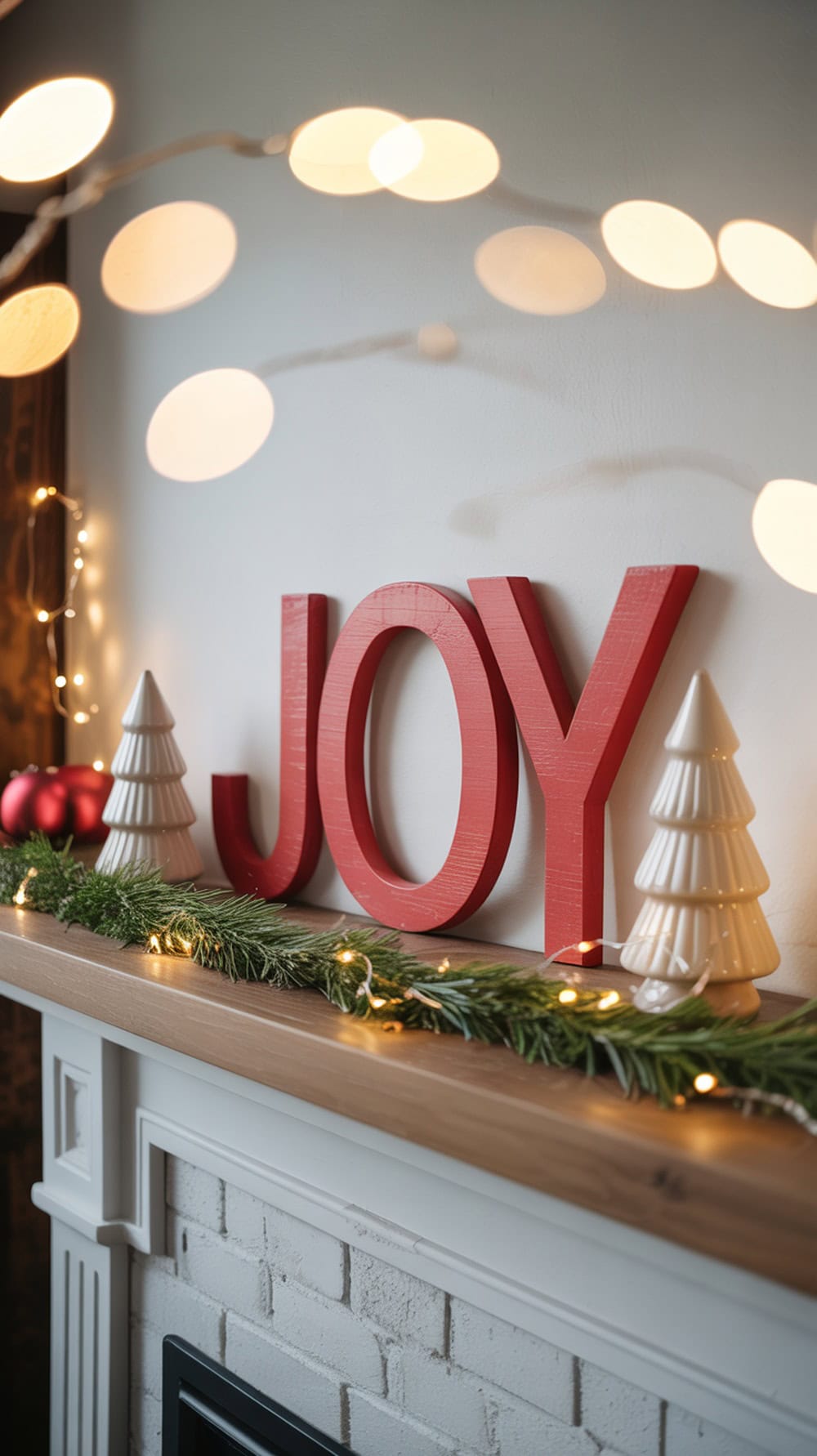 Red letters spelling 'JOY' on a shelf decorated with white Christmas trees and ornaments.