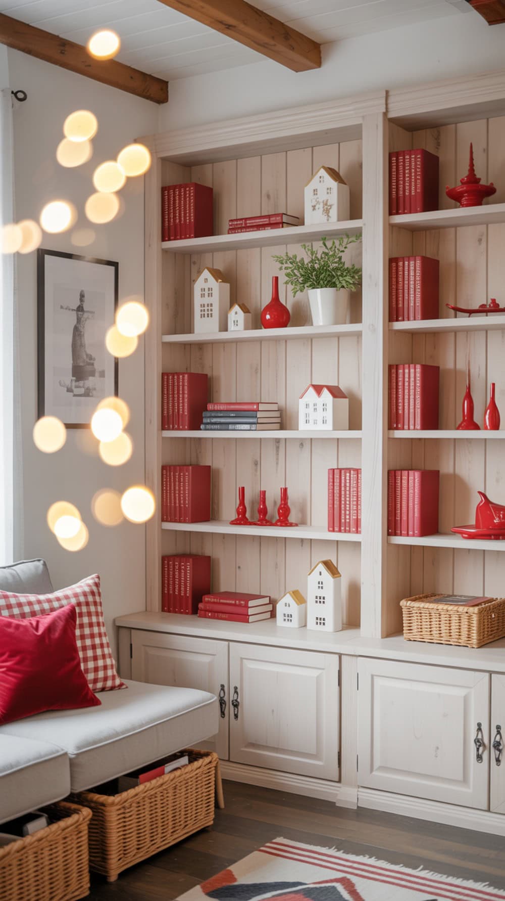 A cozy white bookcase decorated with red items, featuring books, vases, and small house figurines, in a modern farmhouse living room.