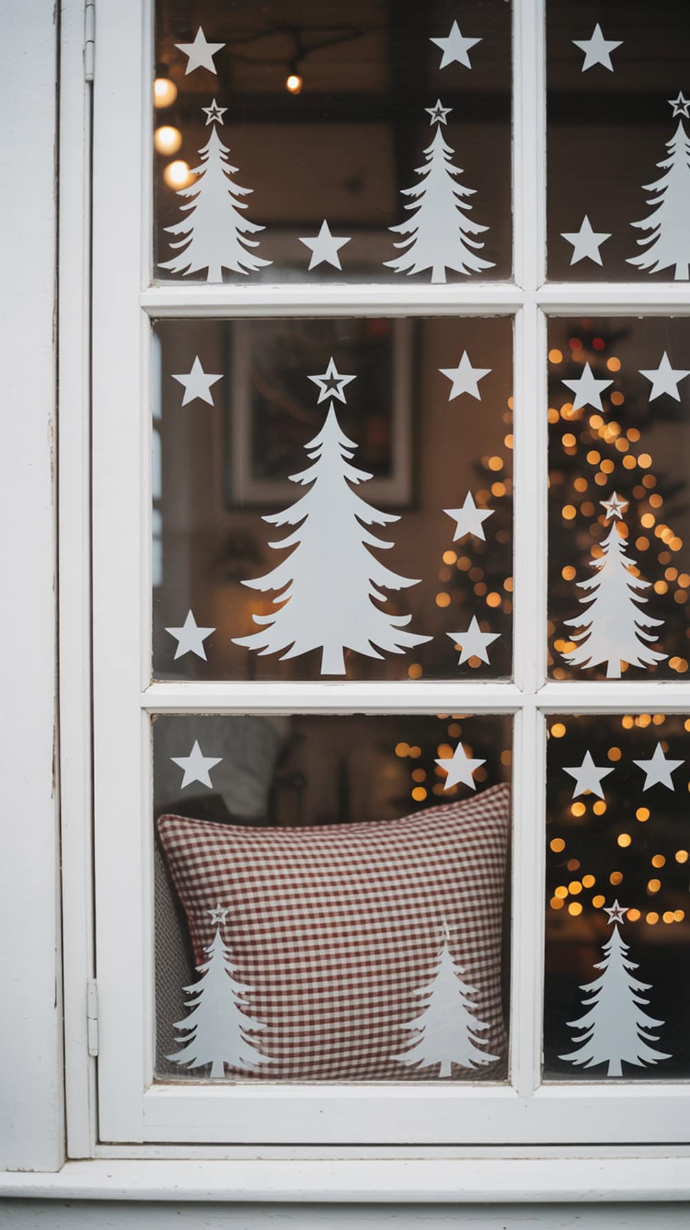 Window decorated with white Christmas tree silhouette decals and a red checkered pillow