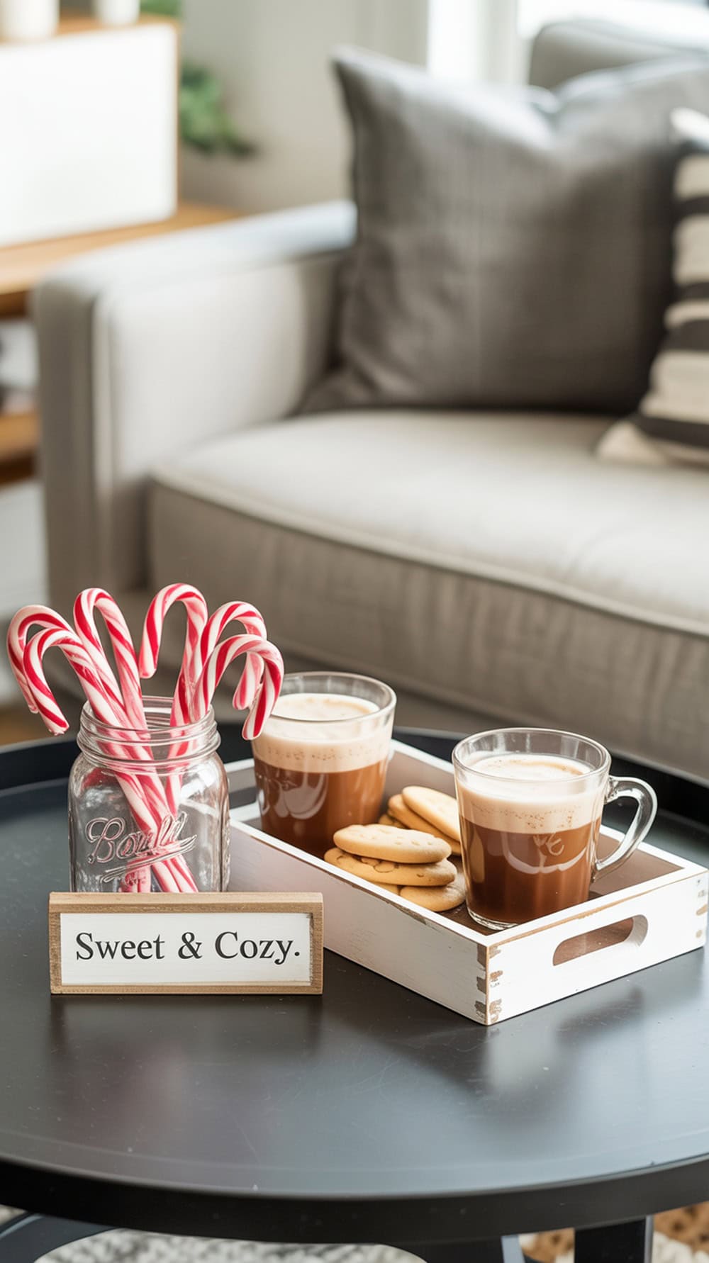 A cozy living room setup with candy canes in a jar, warm drinks, cookies, and a sign that says 'Sweet & Cozy'.