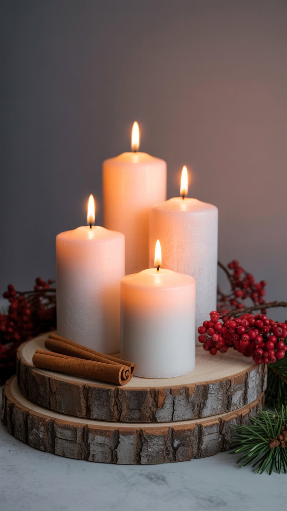 Layered candle display with white candles, red berries, and cinnamon sticks on wooden slices.