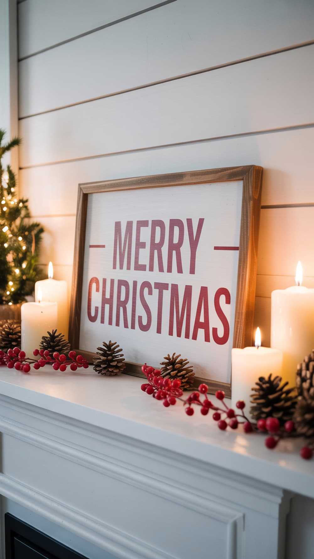 A farmhouse sign that says 'MERRY CHRISTMAS' in red, surrounded by red garland, pinecones, and candles.