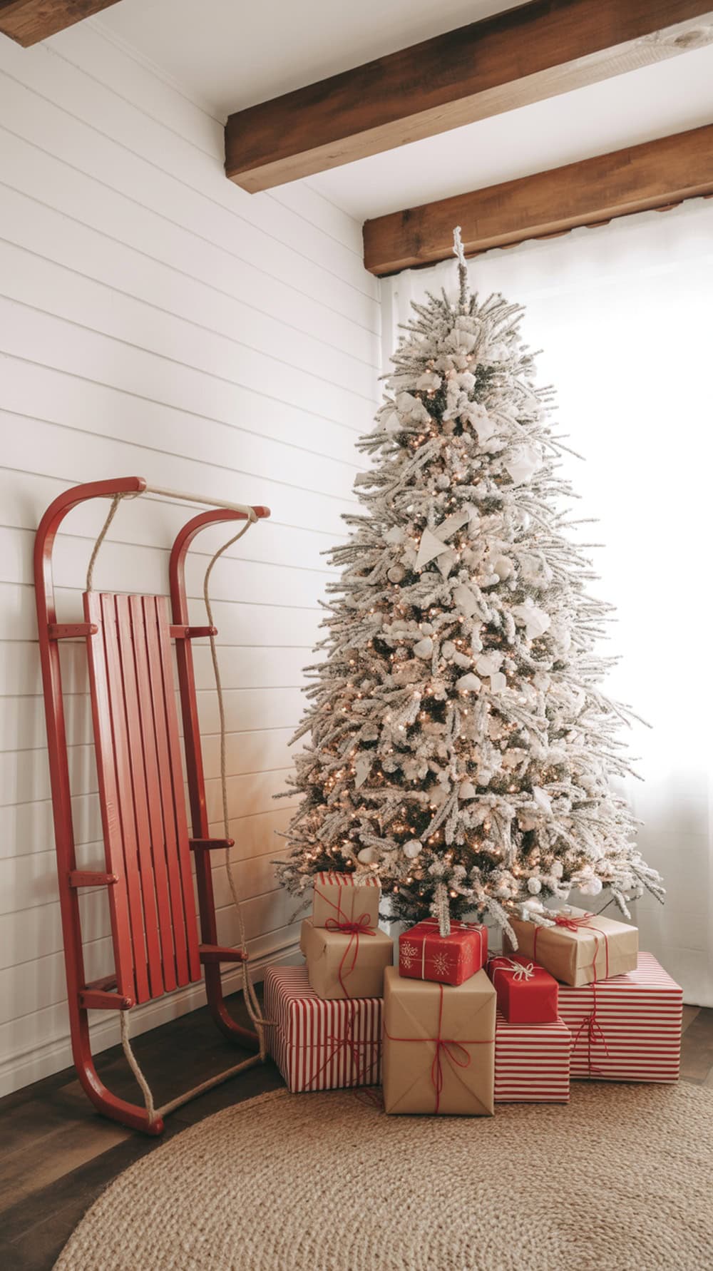A red sled next to a decorated Christmas tree with gifts underneath.