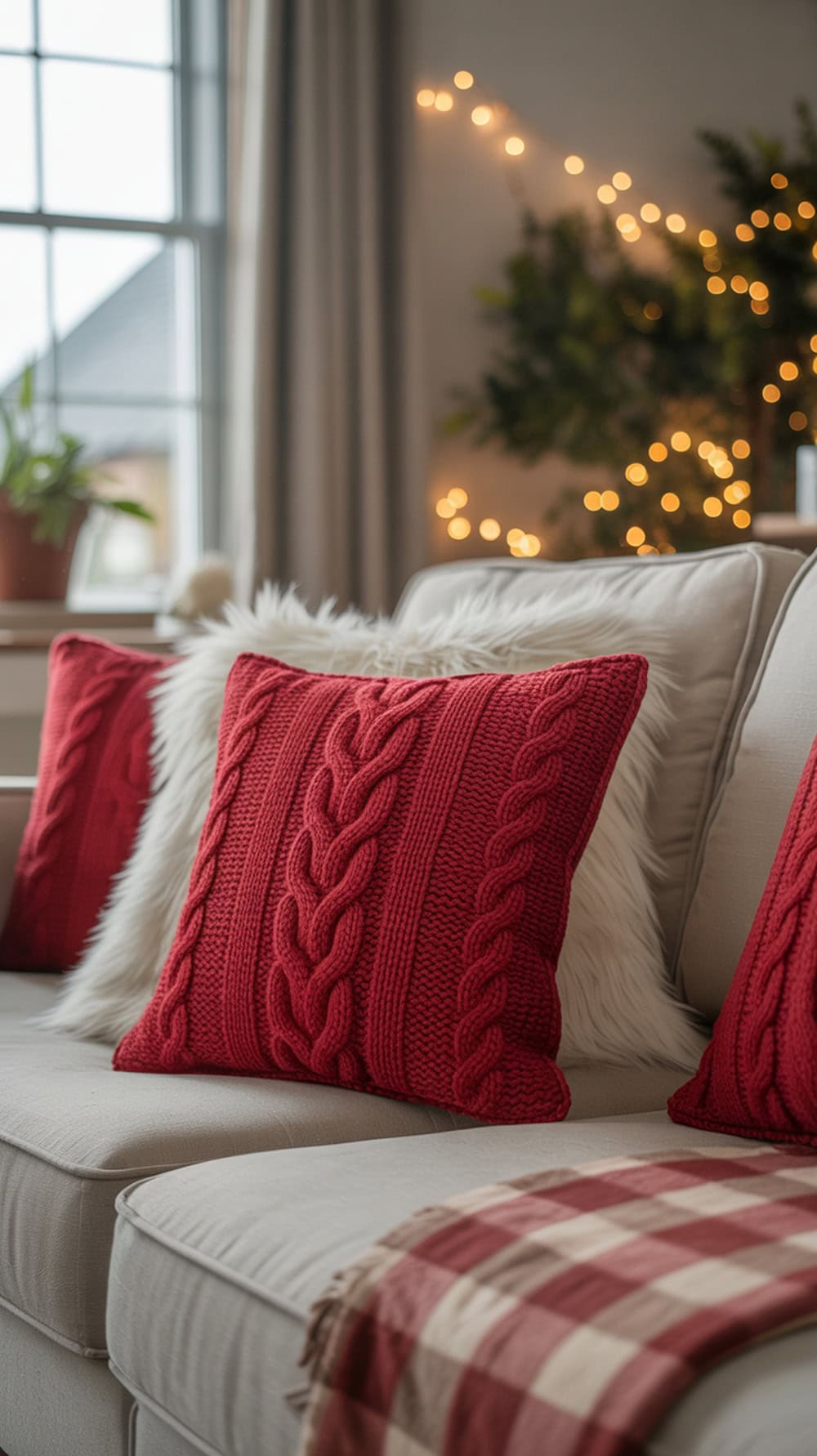 A cozy living room with red cable knit pillows stacked on a neutral sofa, complemented by a plaid throw blanket.
