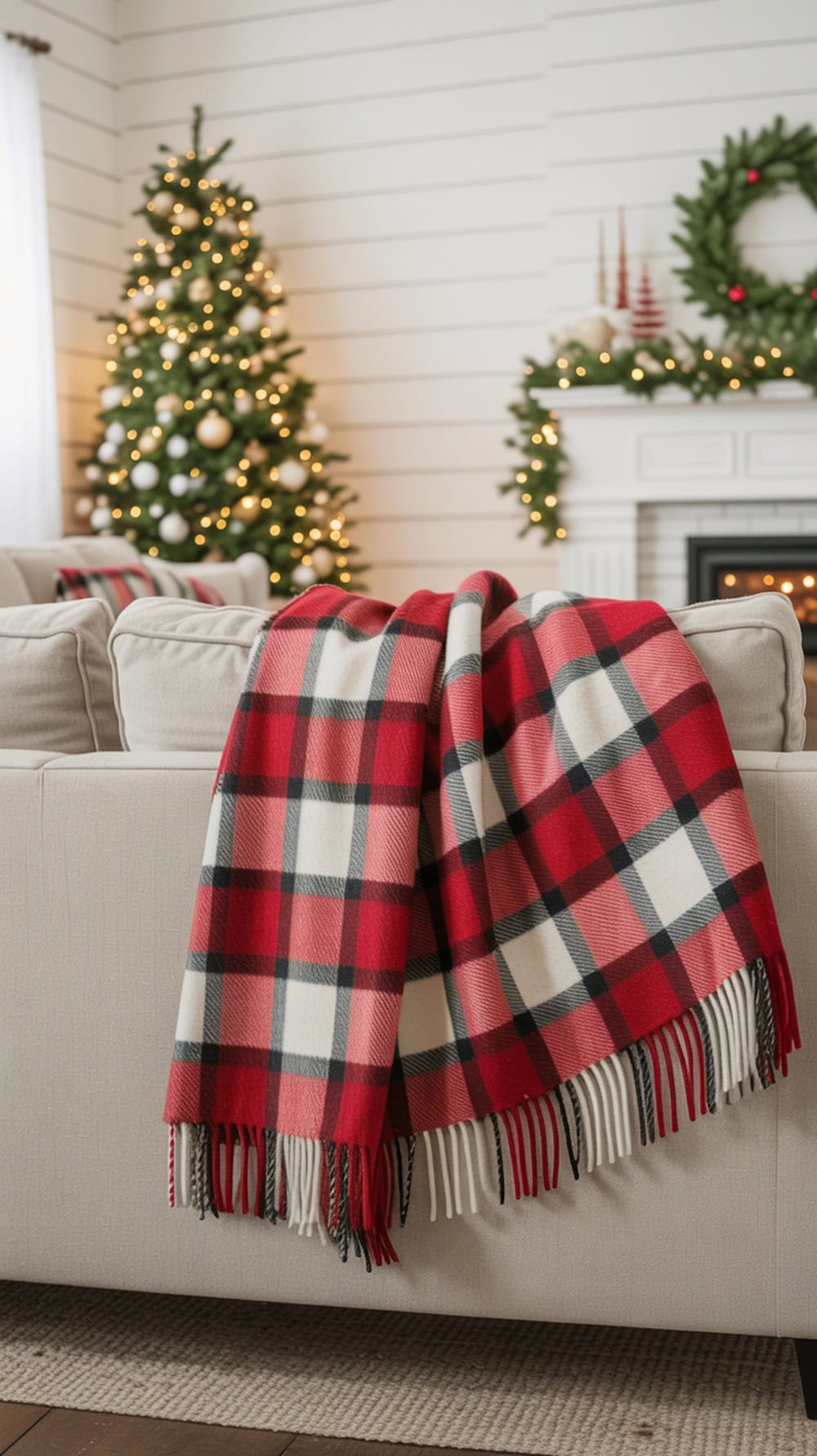 A red plaid throw blanket on a neutral sofa in a cozy living room decorated for Christmas