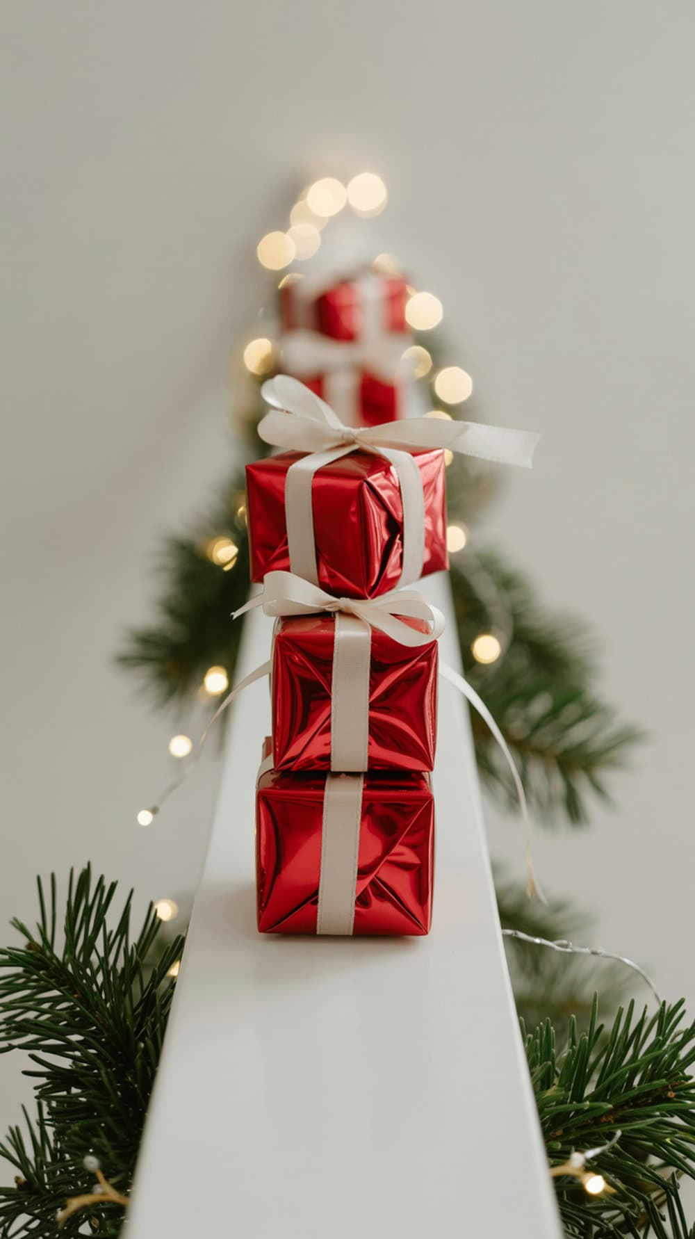 A stack of red presents with white ribbons on a white shelf, surrounded by greenery and fairy lights.
