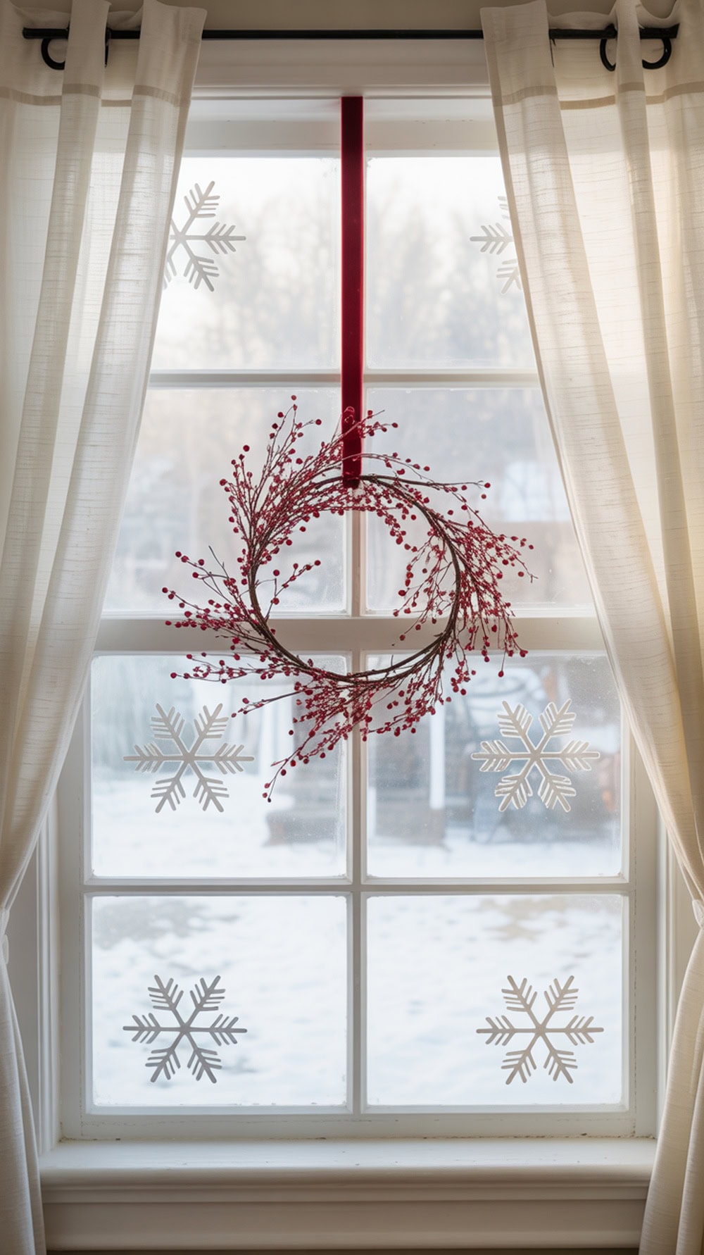 A red wreath with berries hanging in a window, surrounded by white curtains and snowflake decorations on the glass.