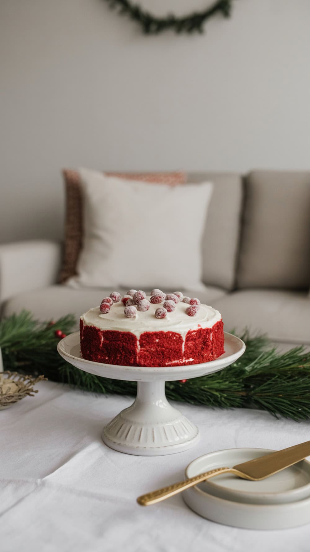 A white cake stand with red velvet cake topped with cranberries, set on a table with festive decor.