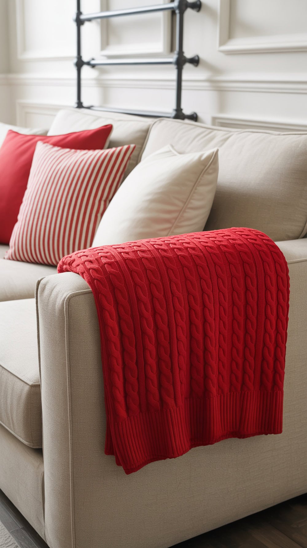 A cozy red throw blanket draped over a beige sofa with red and white striped pillows.