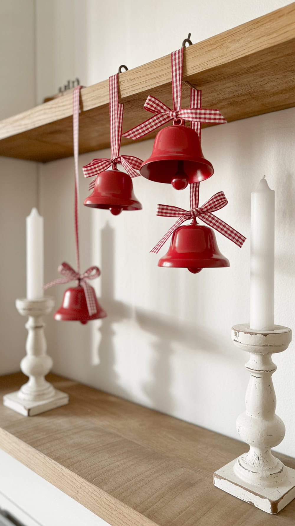 A cluster of red bells with checkered ribbons hanging from a wooden shelf, alongside white candles in a modern farmhouse setting.