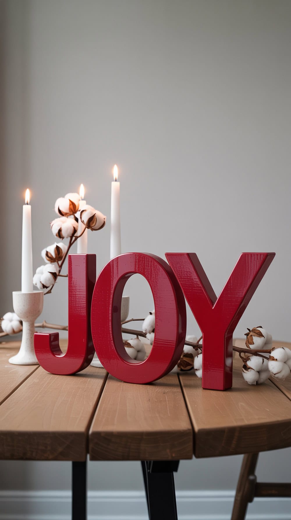 Red wooden cutout spelling 'Joy' on a table with white candles and cotton stems