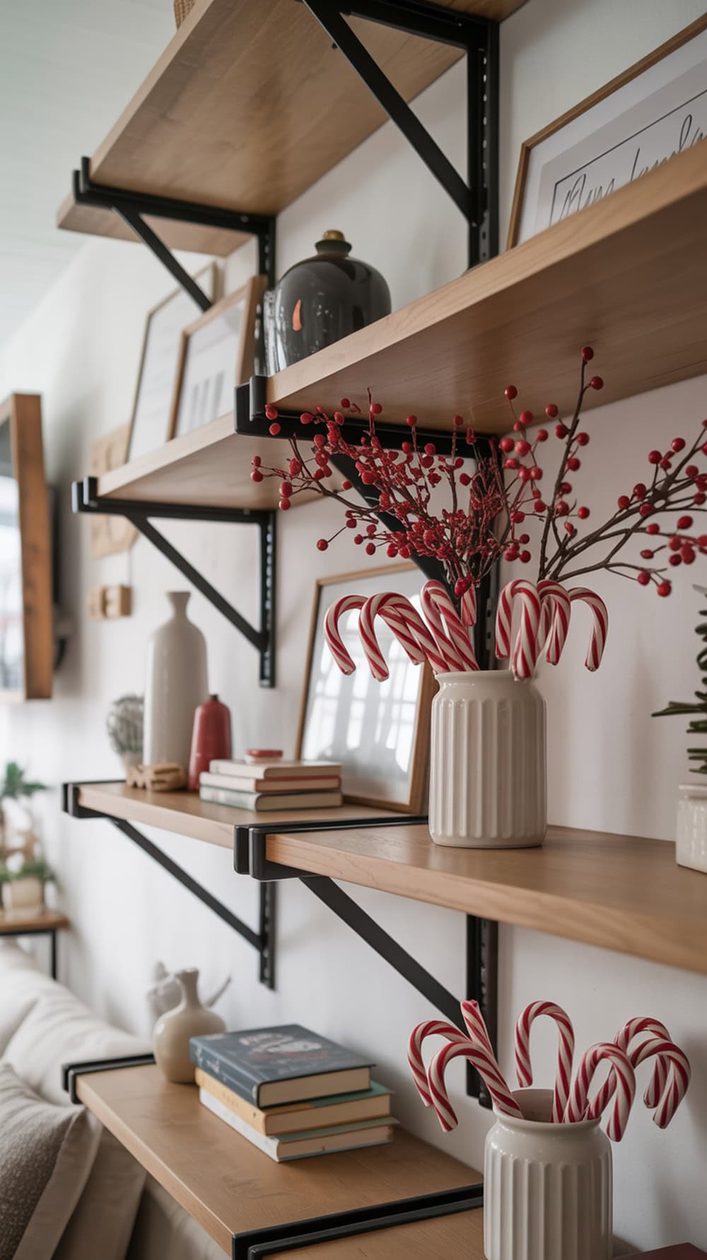 A modern farmhouse living room shelf decorated with candy cane vases and red berries.